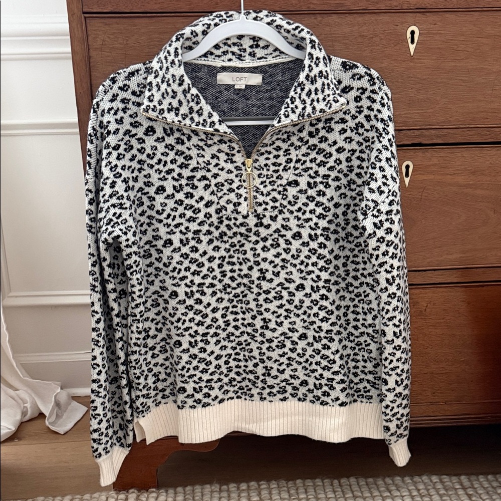 LOFT Black and White Animal Print quarter zip sweater Like new